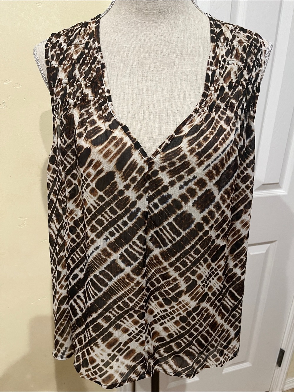 Banana Republic Sleeveless V-Neck Top in brown and cream tribal/batik print